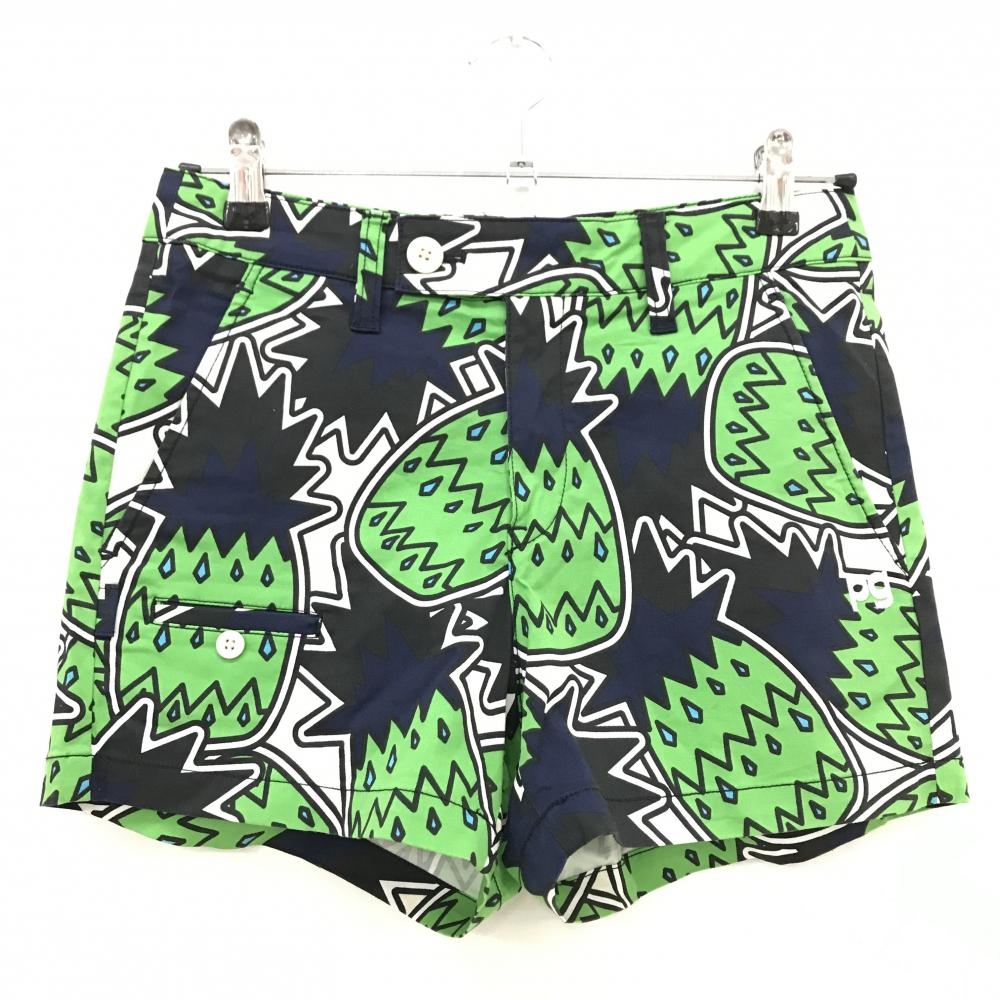 【美品】パーリーゲイツ ショートパンツ ネイビー×グリーン パイナップル柄 ストレッチ レディース 0(S) ゴルフウェア PEARLY GATES
