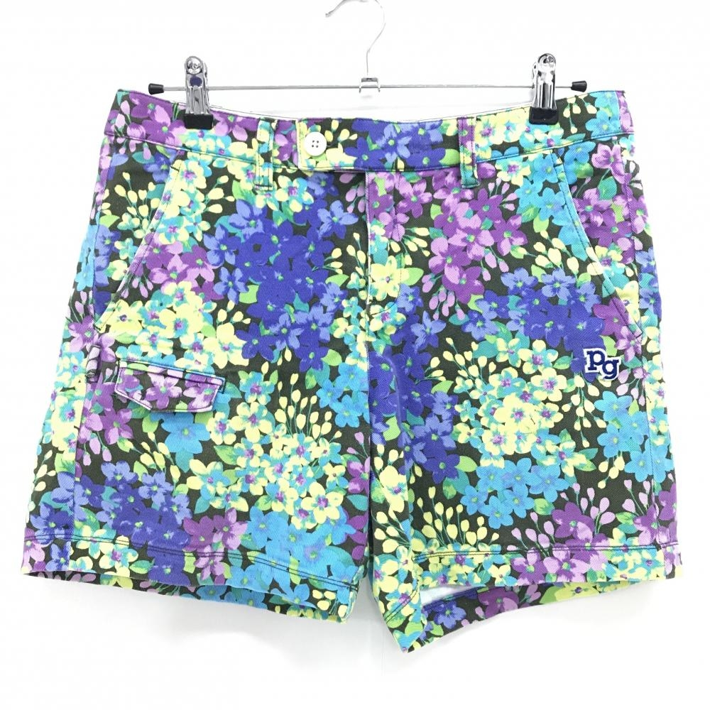 【美品】パーリーゲイツ ショートパンツ カーキ×パープルブルー×イエロー 花柄 コットン混 レディース 2(L) ゴルフウェア PEARLY GATES