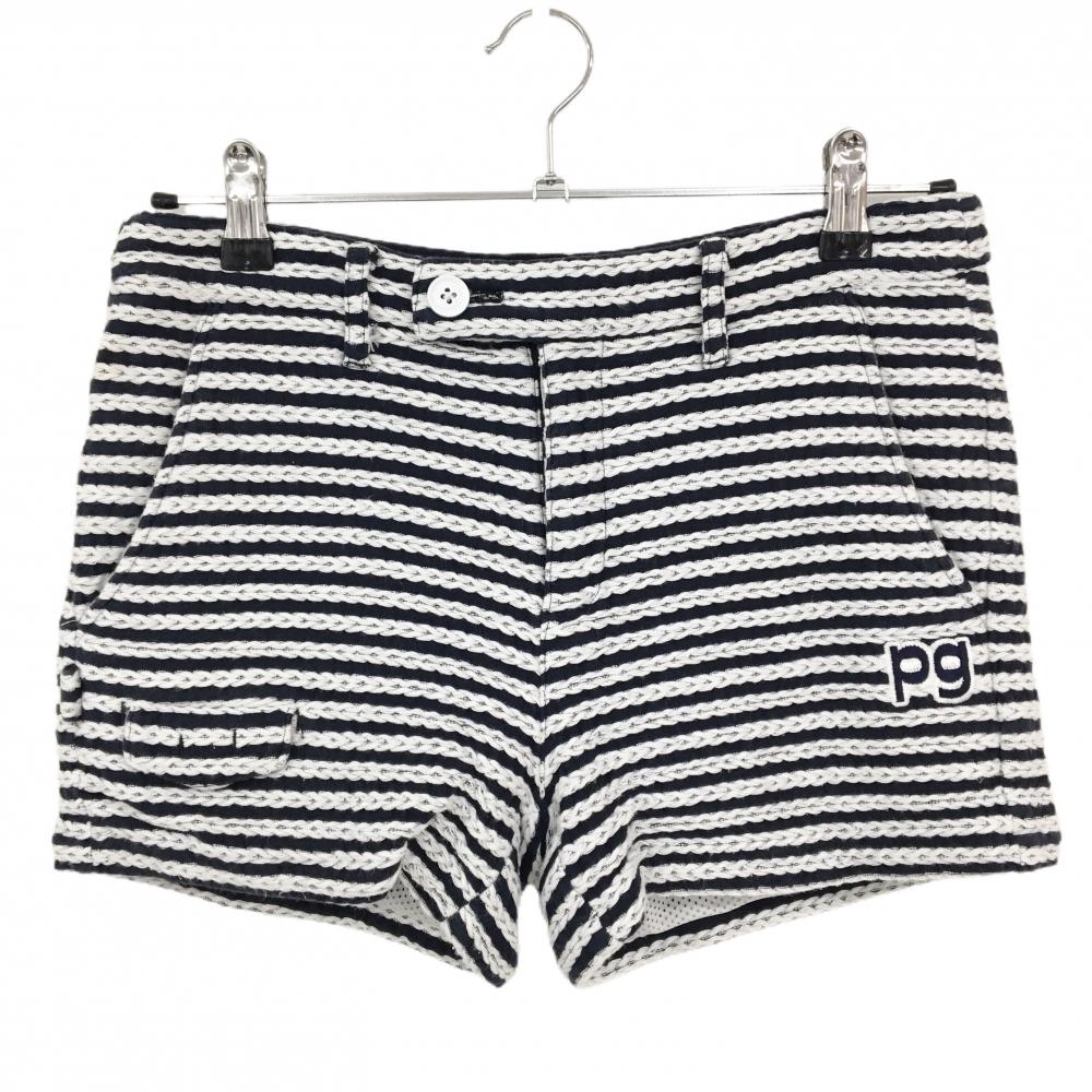 【美品】パーリーゲイツ ショートパンツ ダークネイビー×白 編み込みボーダー風  レディース 1(M) ゴルフウェア PEARLY GATES