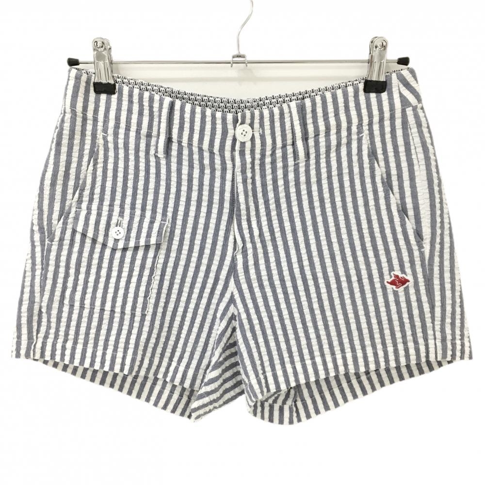 【超美品】パーリーゲイツ ショートパンツ 白×ネイビー ストライプ サッカー生地  レディース 0(S) ゴルフウェア PEARLY GATES