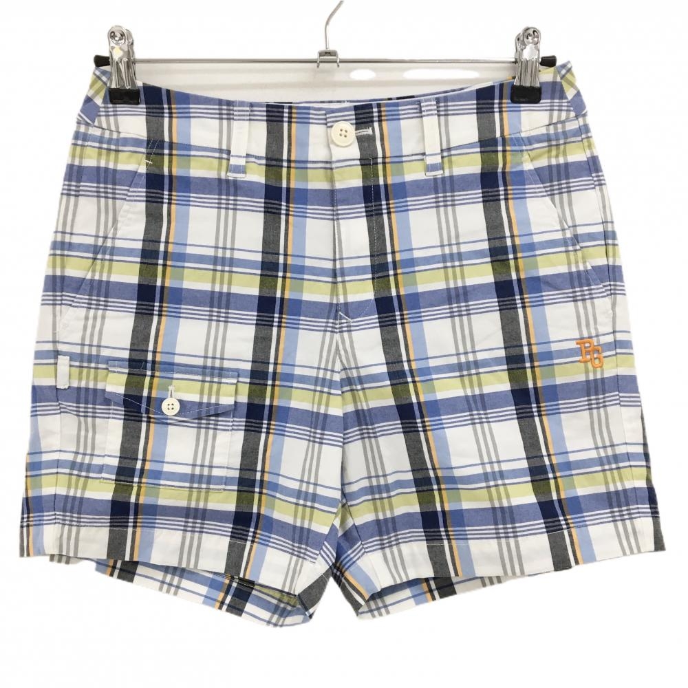 【超美品】パーリーゲイツ ショートパンツ 白×ブルー チェック コットン混 ストレッチ レディース 0(S) ゴルフウェア PEARLY GATES