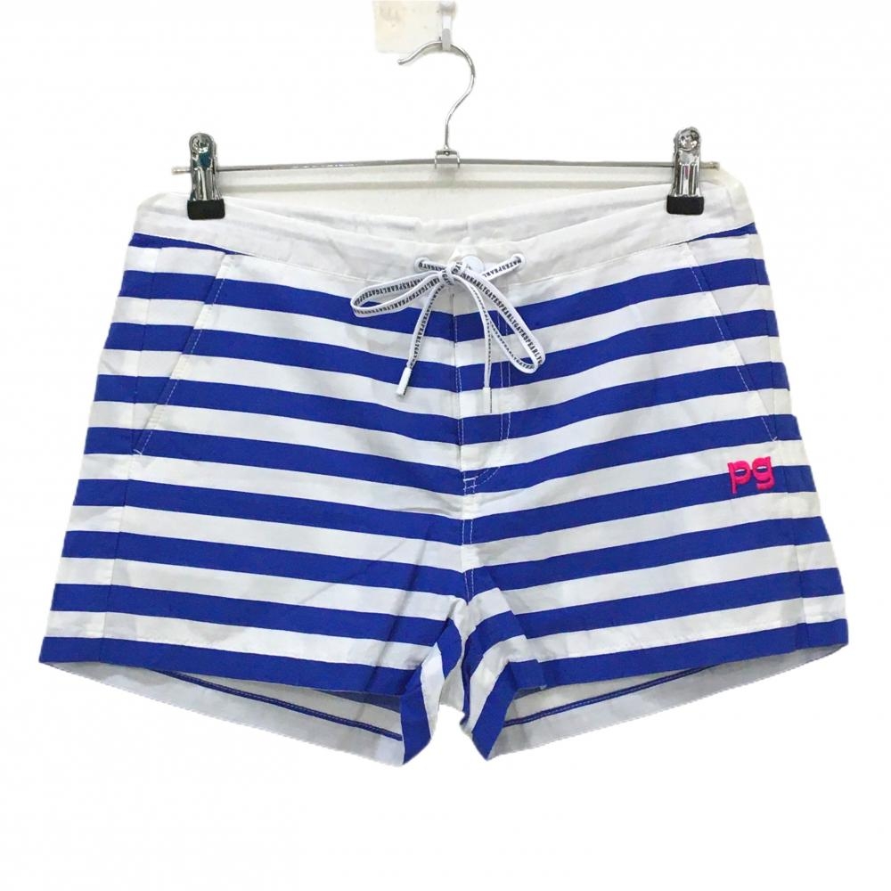 パーリーゲイツ ショートパンツ 白×ブルー ボーダー ウエスト調節紐 Lemar レディース 1(M) ゴルフウェア PEARLY GATES