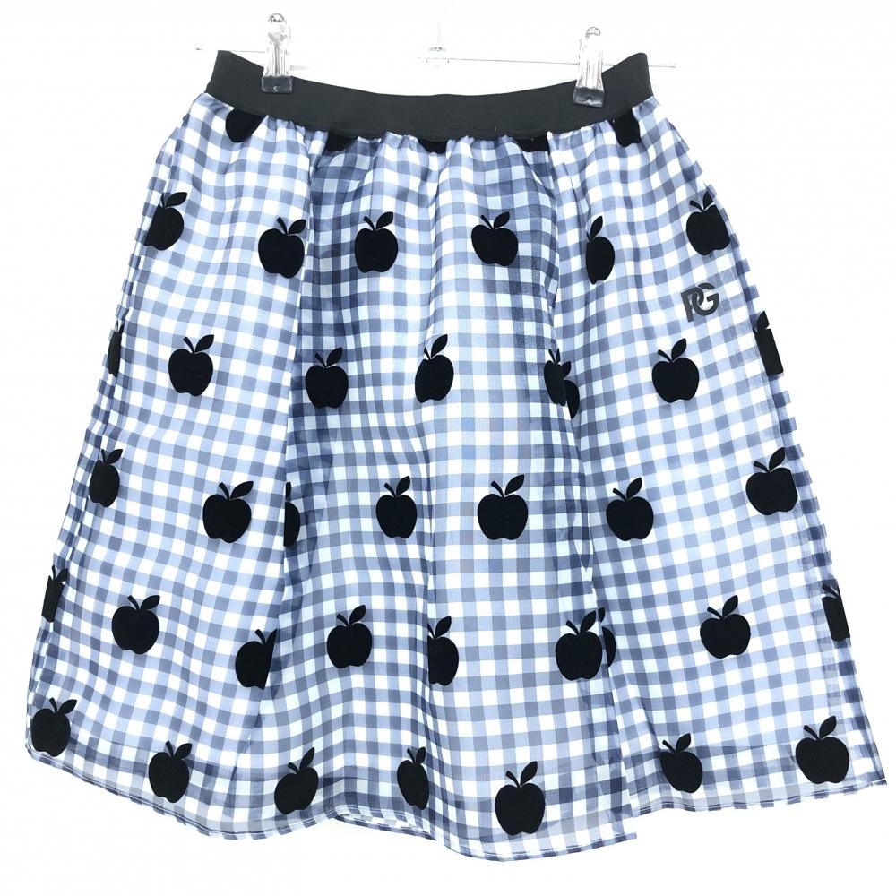 【超美品】パーリーゲイツ フレアスカート ネイビー×白 チェック×リンゴ 透け感 レディース 0(S) ゴルフウェア PEARLY GATES