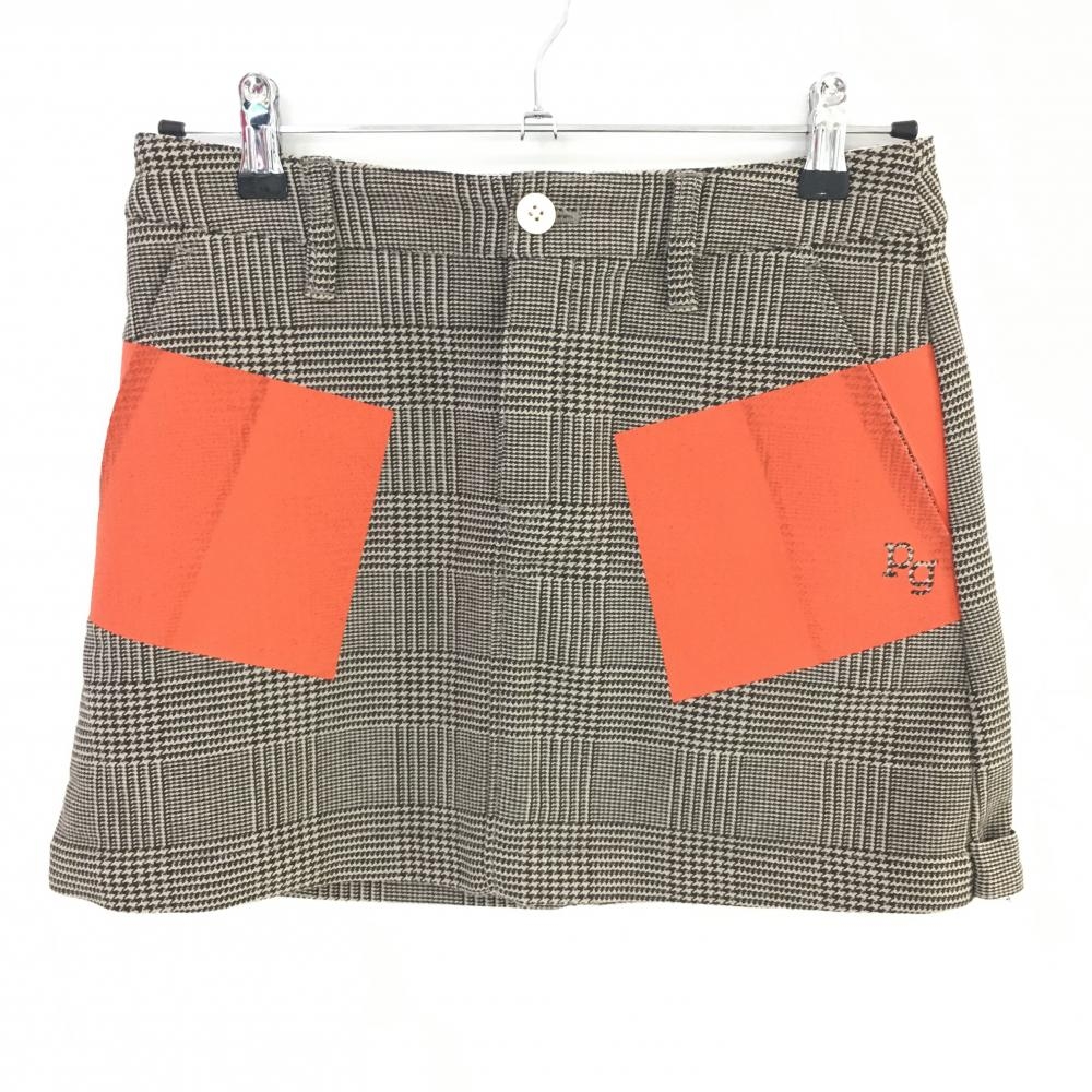 【美品】パーリーゲイツ スカート ブラウン系×ベージュ×オレンジ グレンチェック ウール混 レディース 0(S) ゴルフウェア PEARLY GATES