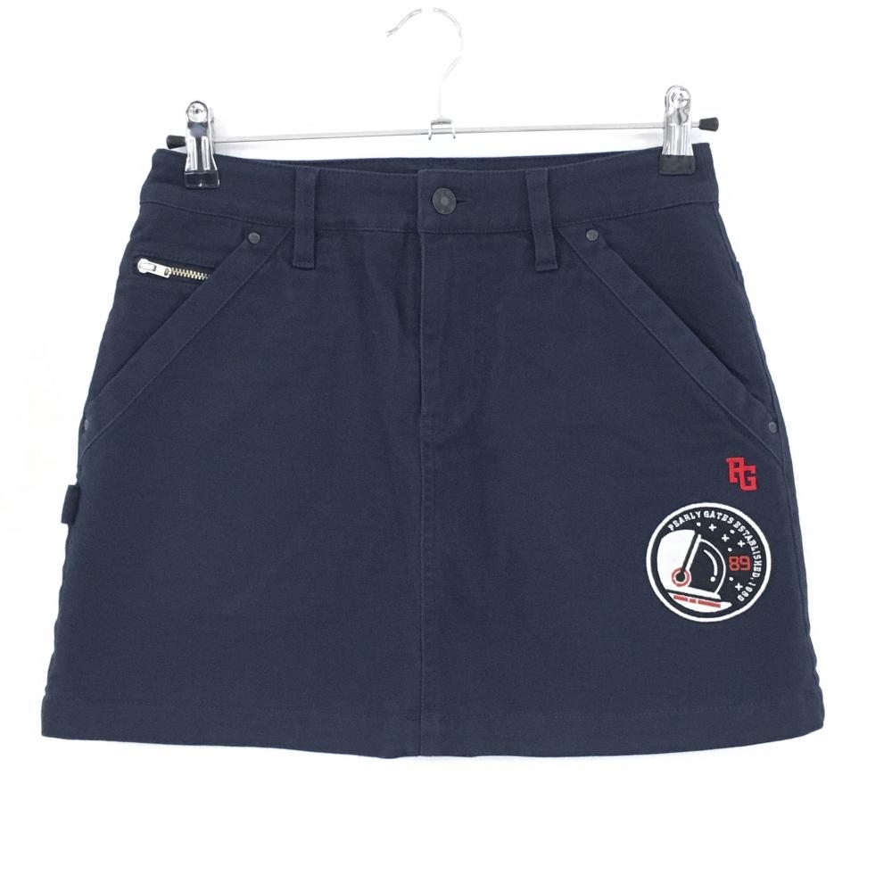 【美品】パーリーゲイツ スカート ネイビー 裏起毛 ストレッチ 複数ワッペン レディース S ゴルフウェア PEARLY GATES