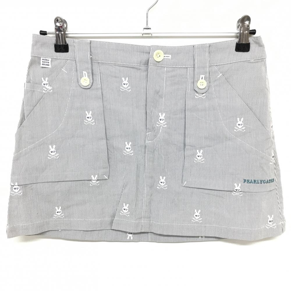 【超美品】パーリーゲイツ スカート 白×グレー 細ストライプ スカルラビット刺しゅう レディース 1(M) ゴルフウェア PEARLY GATES