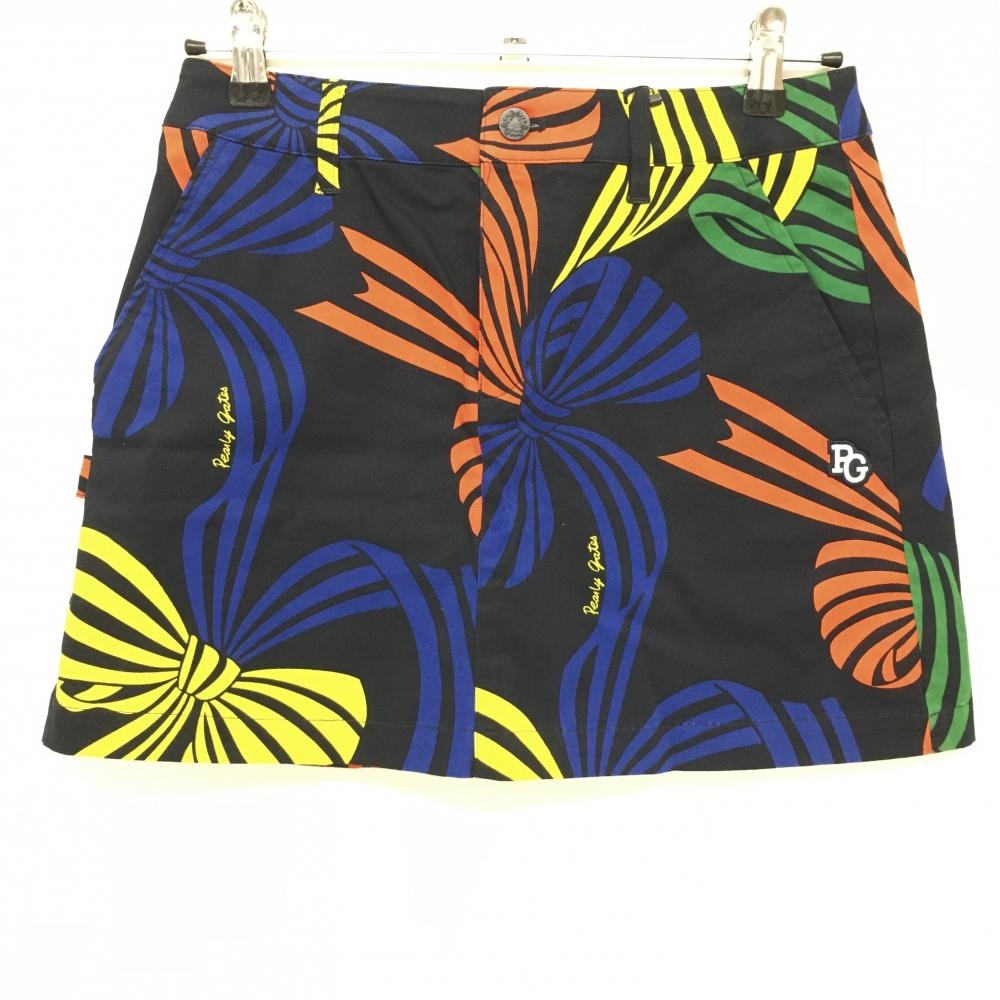 【新品】パーリーゲイツ スカート ネイビー×マルチ リボン柄 裏地30周年ニコちゃん レディース 1(M) ゴルフウェア PEARLY GATES