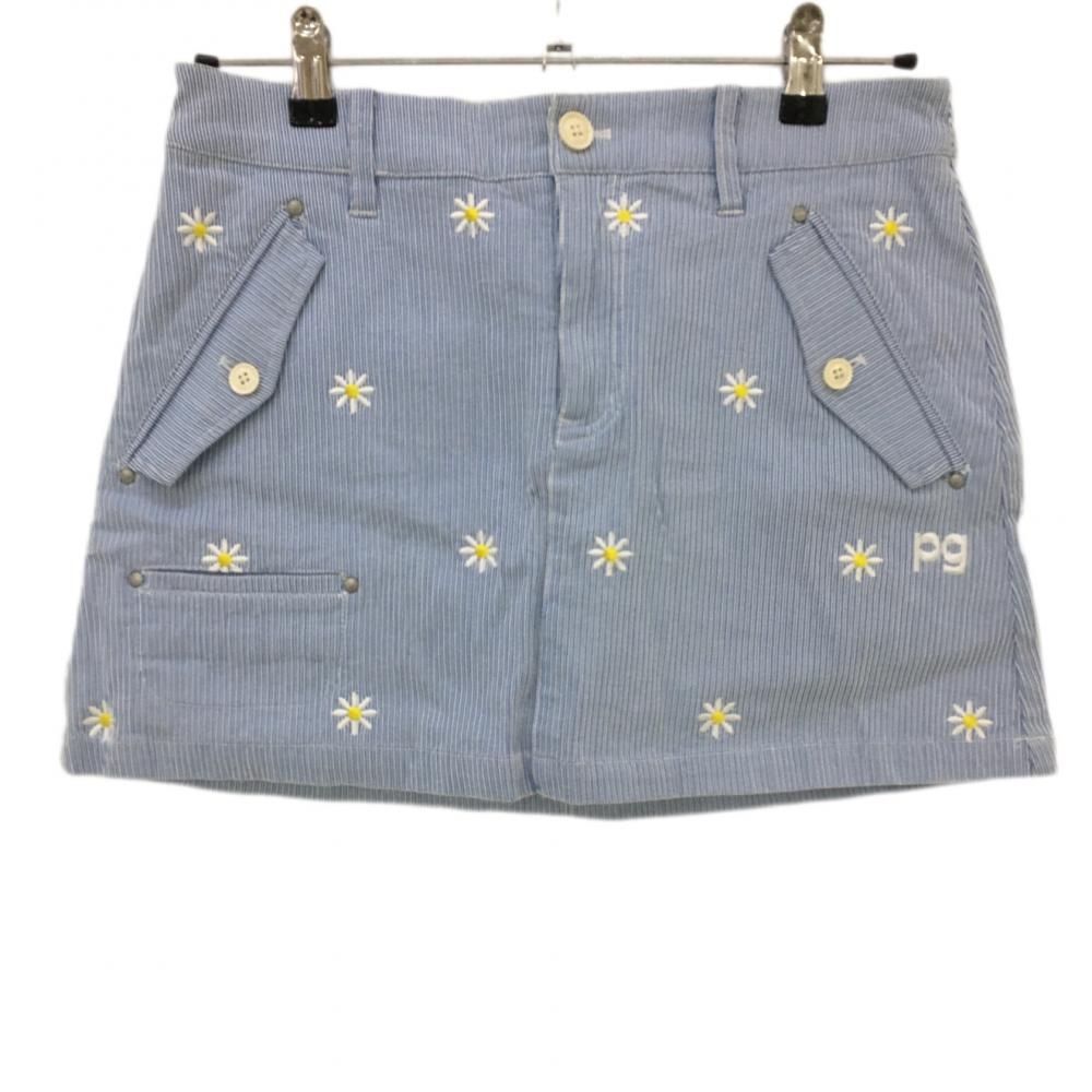 【超美品】パーリーゲイツ スカート ライトブルー×白 ストライプ 花刺しゅう ストレッチ  レディース 1(M) ゴルフウェア PEARLY GATES
