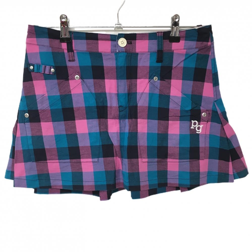 【超美品】パーリーゲイツ スカート ピンク×ブルー×黒 ブロックチェック 後ろプリーツ  レディース 1(M) ゴルフウェア PEARLY GATES
