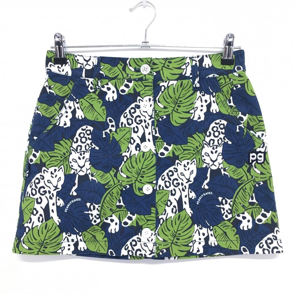 【美品】パーリーゲイツ スカート ライトグリーン×ネイビー リーフ柄 ヒョウ柄 レオパード レディース 00(XS) ゴルフウェア PEARLY GATES