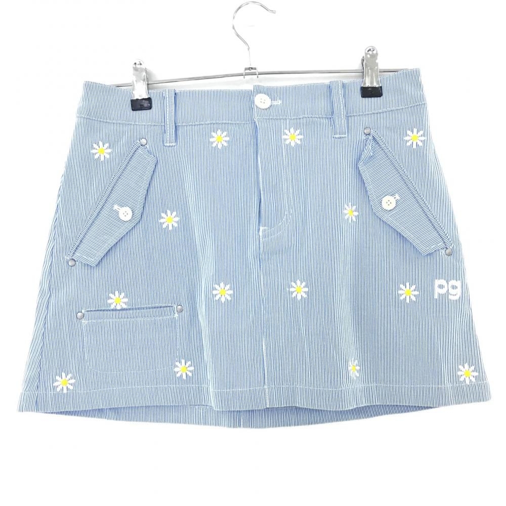 【超美品】パーリーゲイツ スカート ブルー×白 細ストライプ 花刺しゅう ストレッチ レディース 1(M) ゴルフウェア PEARLY GATES