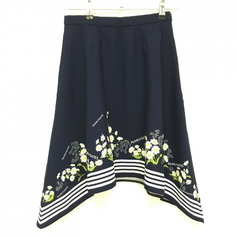 【超美品】パーリーゲイツ スカート ネイビー×白 裾花柄 レディース 0(S) ゴルフウェア 2022年モデル PEARLY GATES