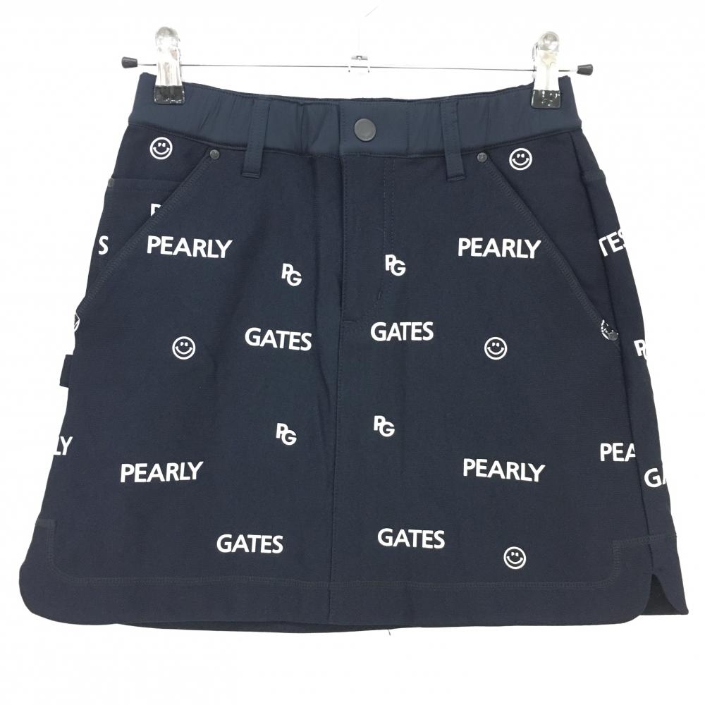 【超美品】パーリーゲイツ スカート ネイビー×白 ロゴ総柄 ニコちゃん スマイル 裏起毛 レディース 00(XS) ゴルフウェア PEARLY GATES