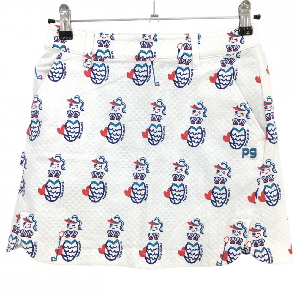 【美品】パーリーゲイツ スカート 白×ネイビー マーメイド柄 人魚 織生地 レディース 00(XS) ゴルフウェア PEARLY GATES