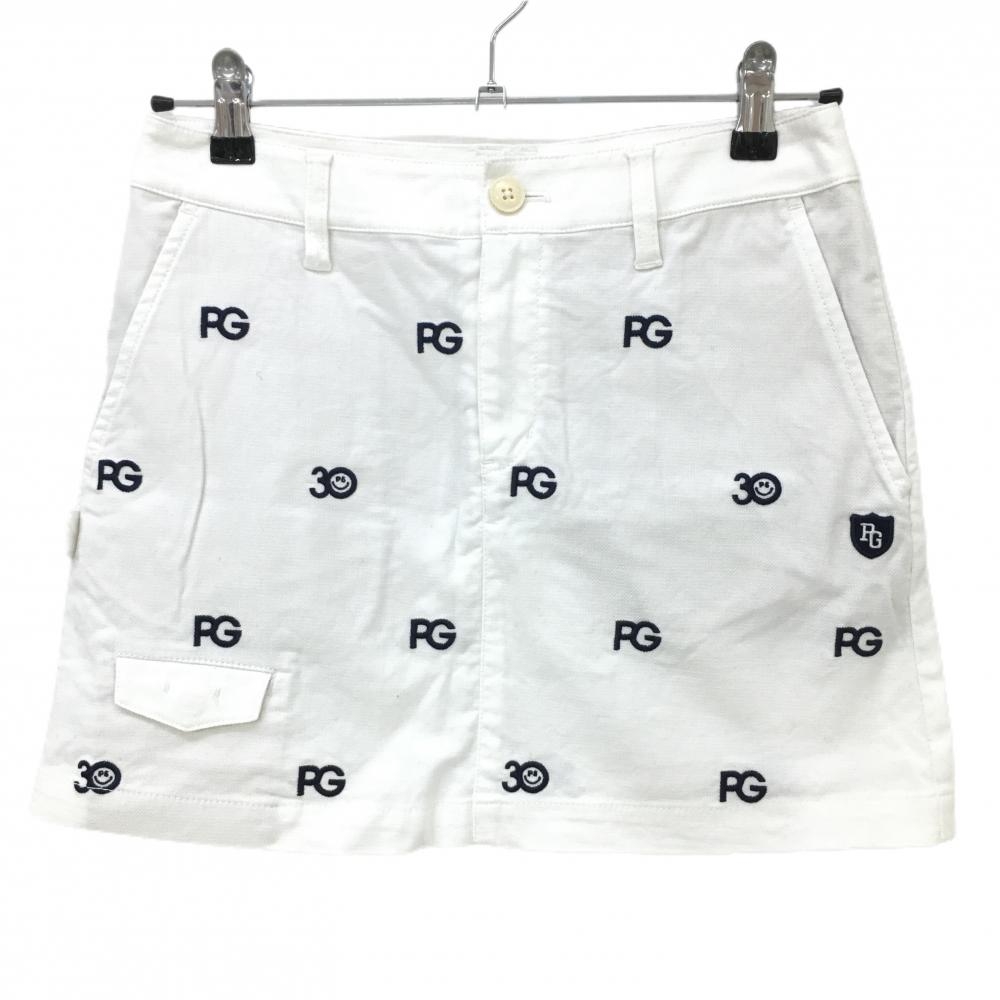 【超美品】パーリーゲイツ スカート 白×ネイビー ロゴ総柄 30周年 ニコちゃん スマイル レディース 0(S) ゴルフウェア PEARLY GATES