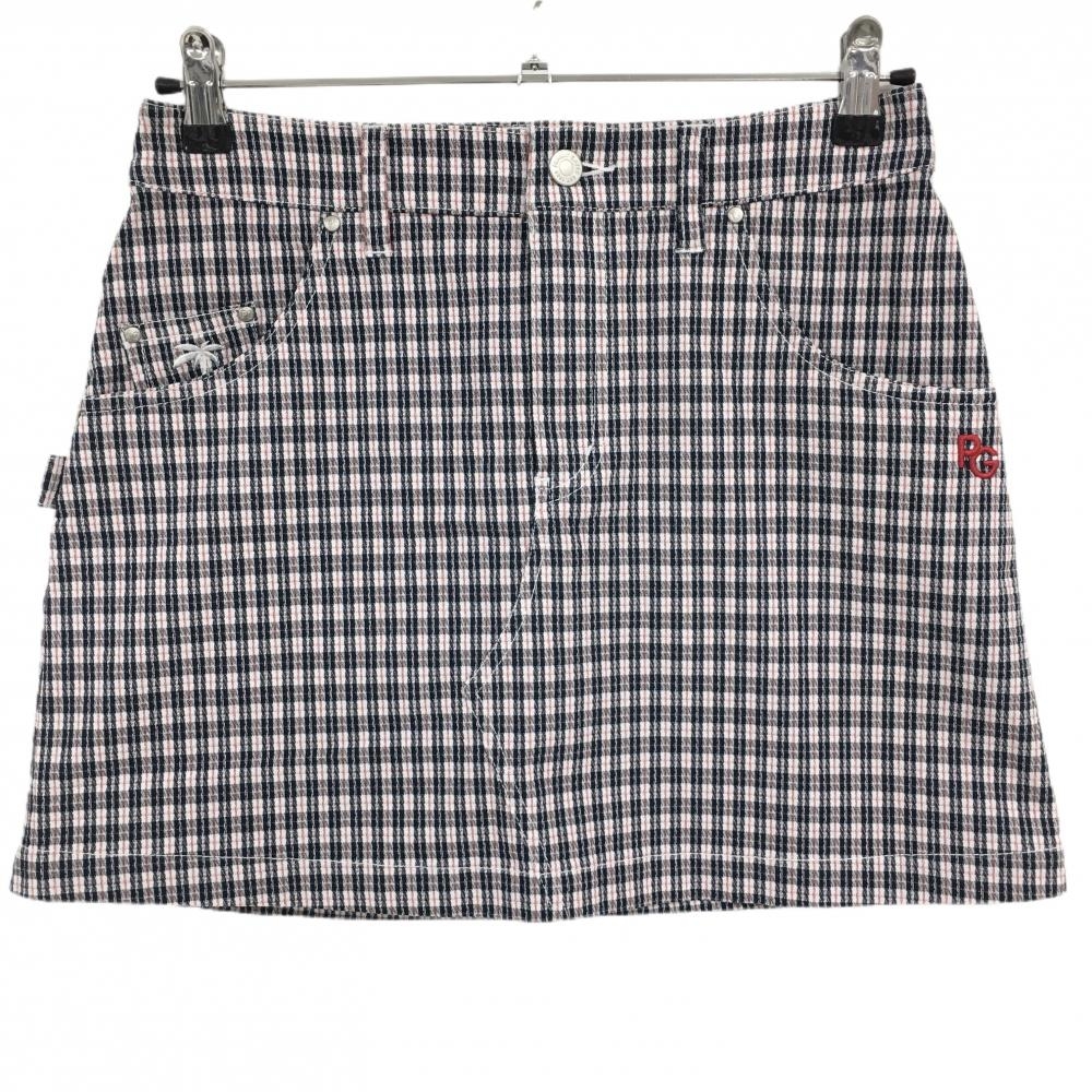 【超美品】パーリーゲイツ スカート 白×黒×レッド チェック ヤシの木刺しゅう レディース 1(M) ゴルフウェア 2023年モデル PEARLY GATES