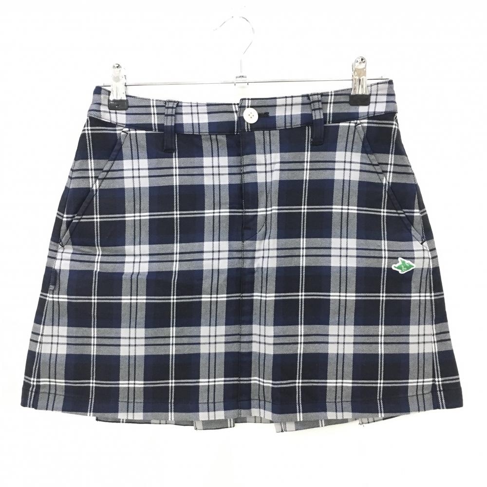 【美品】パーリーゲイツ スカート ライトグレー×ネイビー チェック 後ろプリーツ レディース 0(S) ゴルフウェア PEARLY GATES