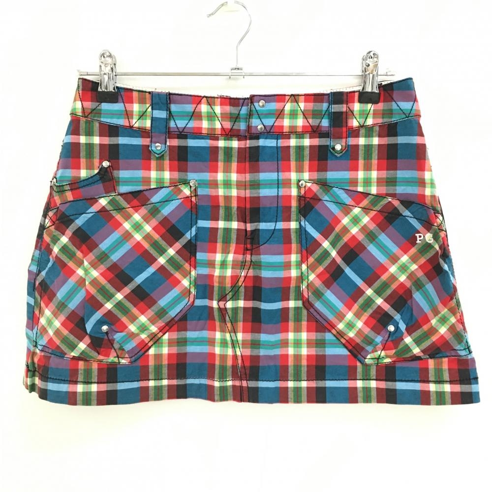 【美品】パーリーゲイツ スカート ブルー×レッド チェック バックロゴプリント レディース 1(M) ゴルフウェア PEARLY GATES