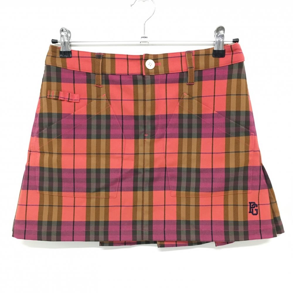 【超美品】パーリーゲイツ スカート ピンク×ブラウン チェック 裏地付 ティー装着可 レディース 0(S) ゴルフウェア PEARLY GATES