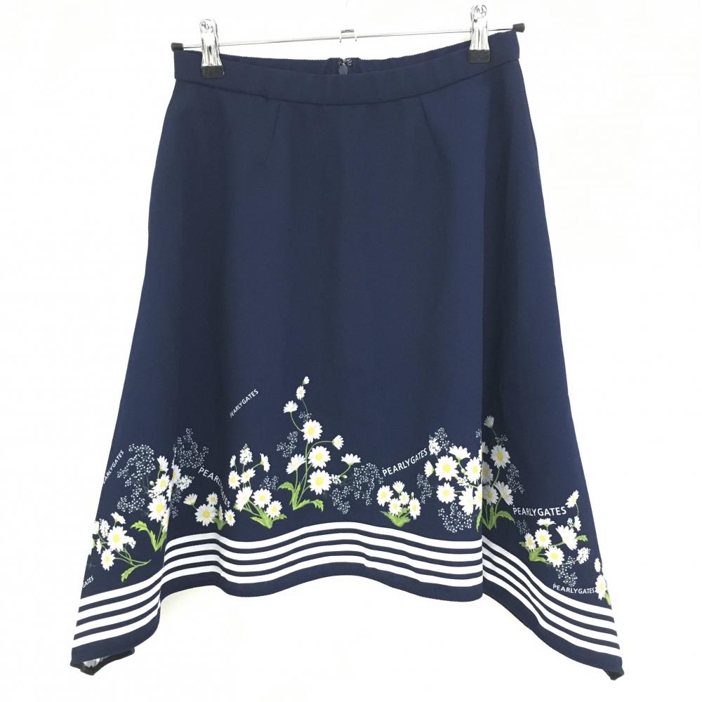 【超美品】パーリーゲイツ スカート ネイビー×白 裾花柄 レディース 1(M) ゴルフウェア 2022年モデル PEARLY GATES