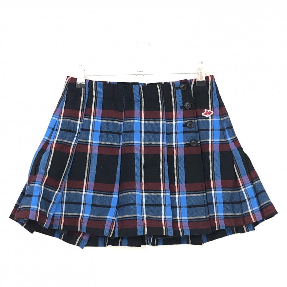 【超美品】パーリーゲイツ 巻きスカート ライトブルー×黒 チェック ウール混 裏地付 レディース 0(S) ゴルフウェア PEARLY GATES