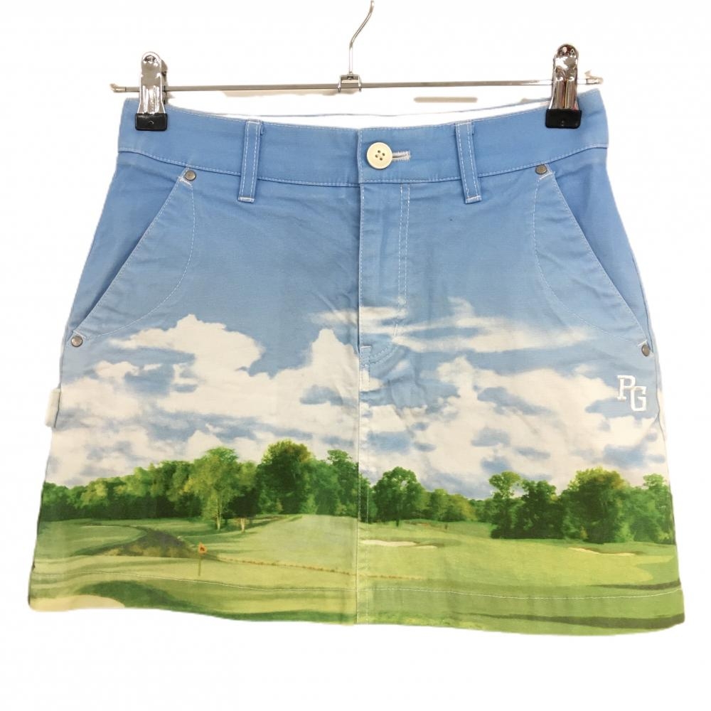 パーリーゲイツ スカート ライトブルー×グリーン ゴルフ場風景柄 内側30周年 レディース 00(XS) ゴルフウェア PEARLY GATES