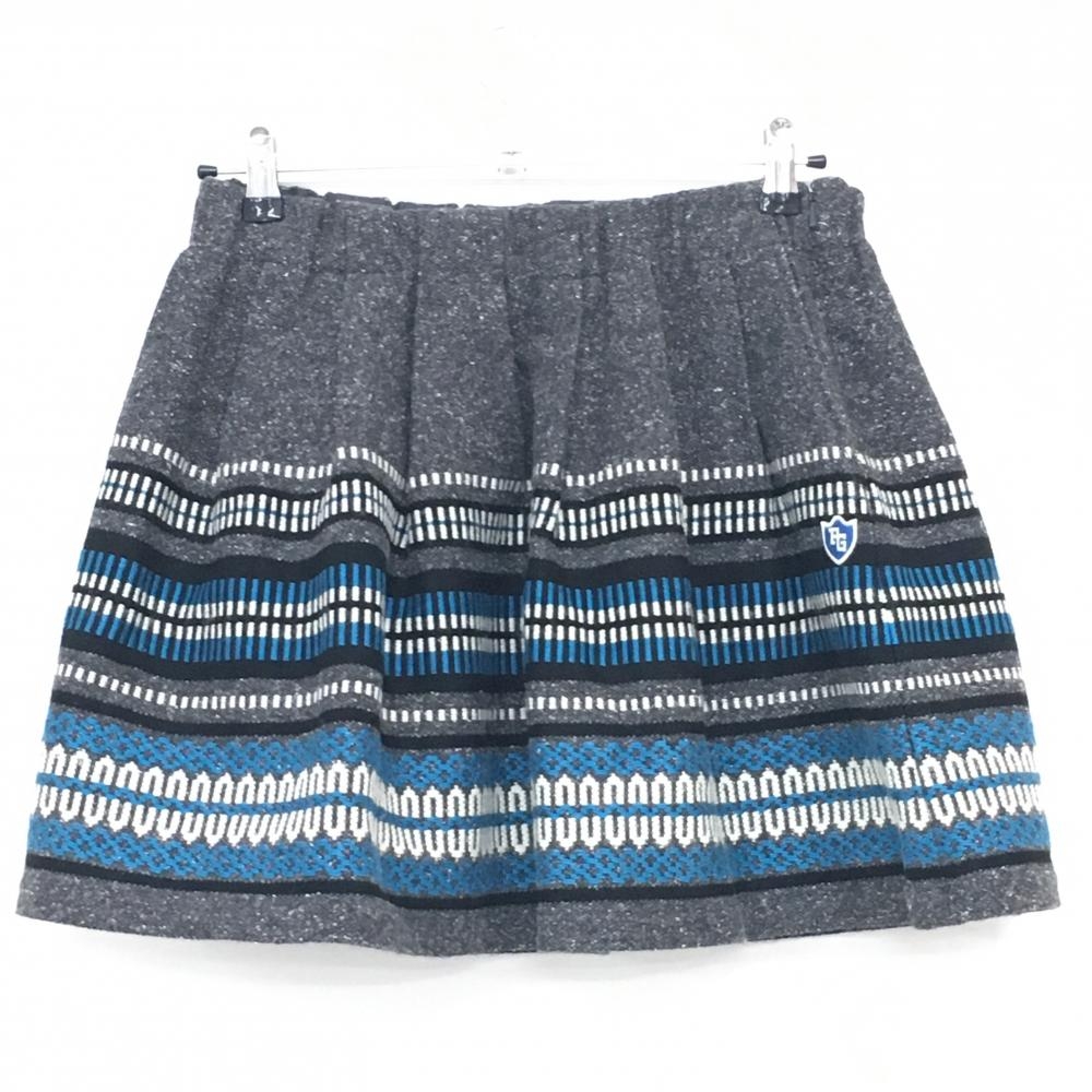 【超美品】パーリーゲイツ ニットスカート 杢グレー×ライトブルー 総柄 ウール混 裏地付 レディース 1(M) ゴルフウェア PEARLY GATES