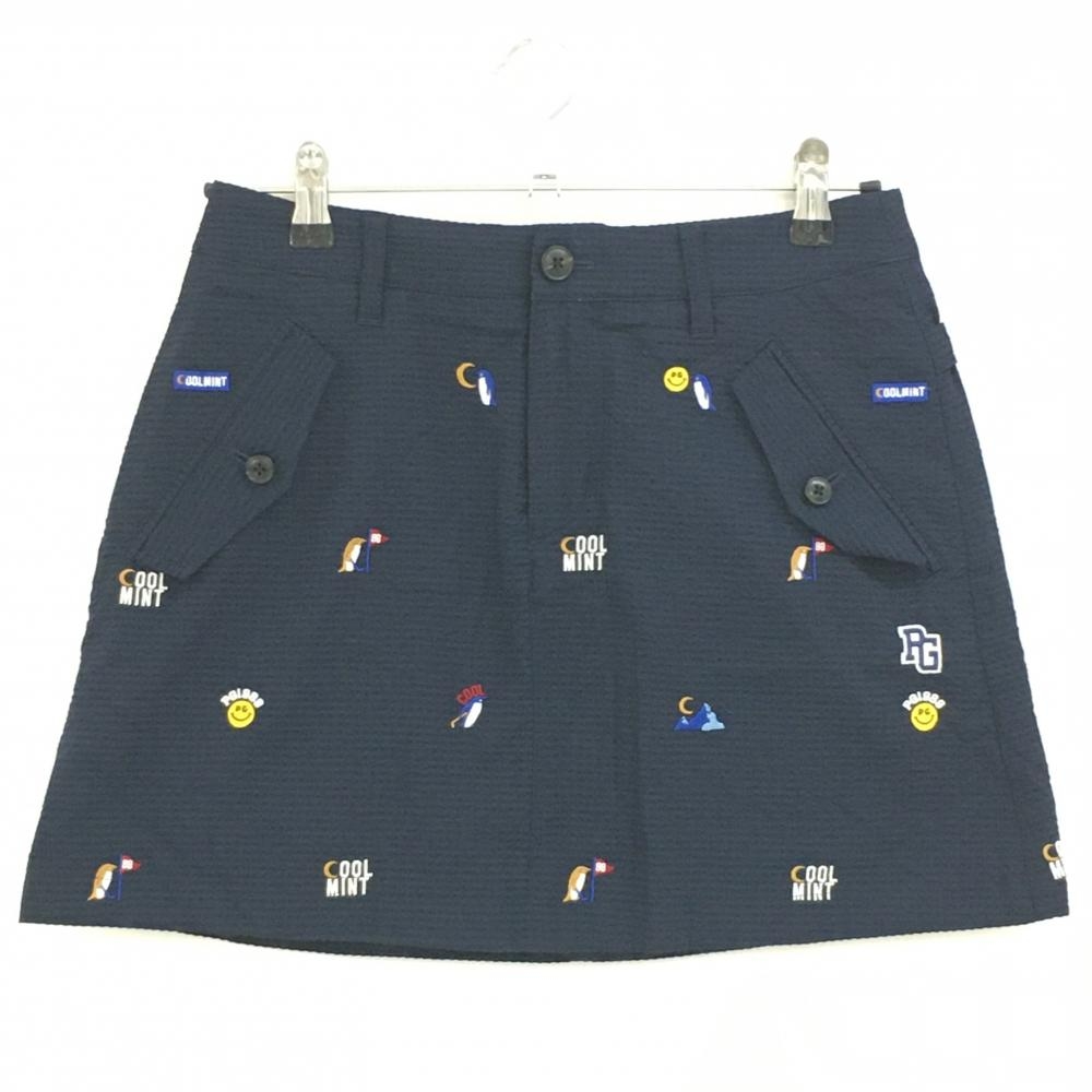 【超美品】パーリーゲイツ スカート ネイビー×白 ペンギン刺しゅう柄 サッカー生地 30周年 レディース 1(M) ゴルフウェア PEARLY GATES