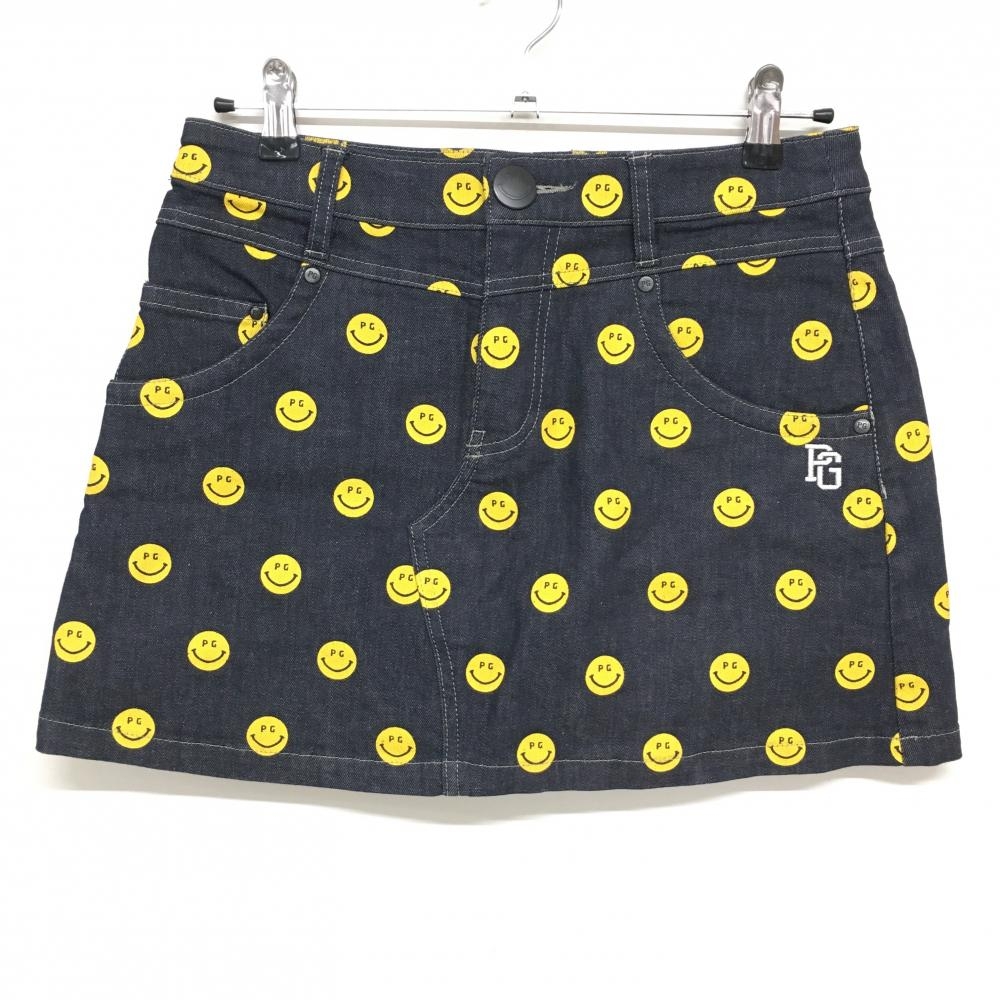 【超美品】パーリーゲイツ スカート ダークネイビー×イエロー ニコちゃん総柄 スマイル レディース 2(L) ゴルフウェア PEARLY GATES