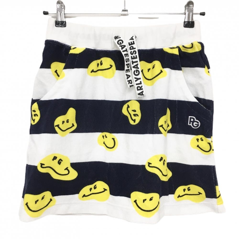 【美品】パーリーゲイツ スカート 白×ネイビー×イエロー 太ボーダー ニコちゃん スマイル レディース 1(M) ゴルフウェア PEARLY GATES