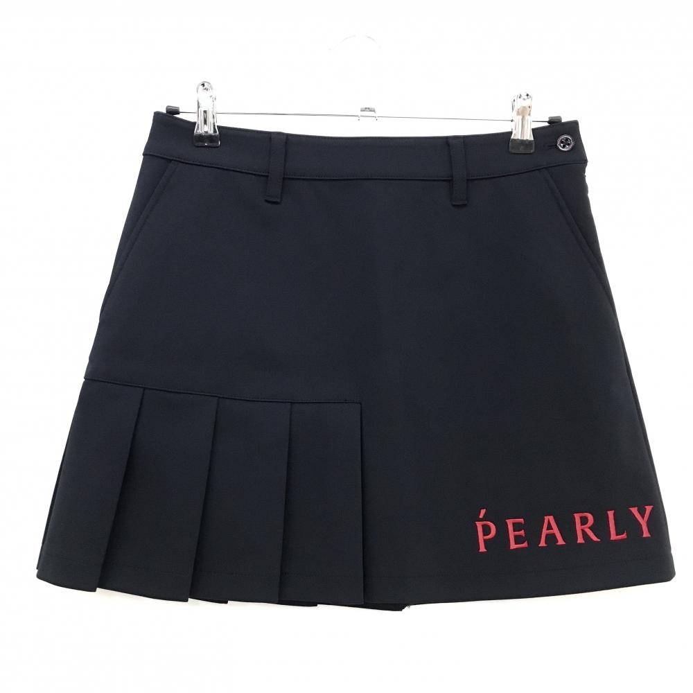 【超美品】パーリーゲイツ スカート 黒 裾一部プリーツ ロゴレッド レディース 1(M) ゴルフウェア PEARLY GATES