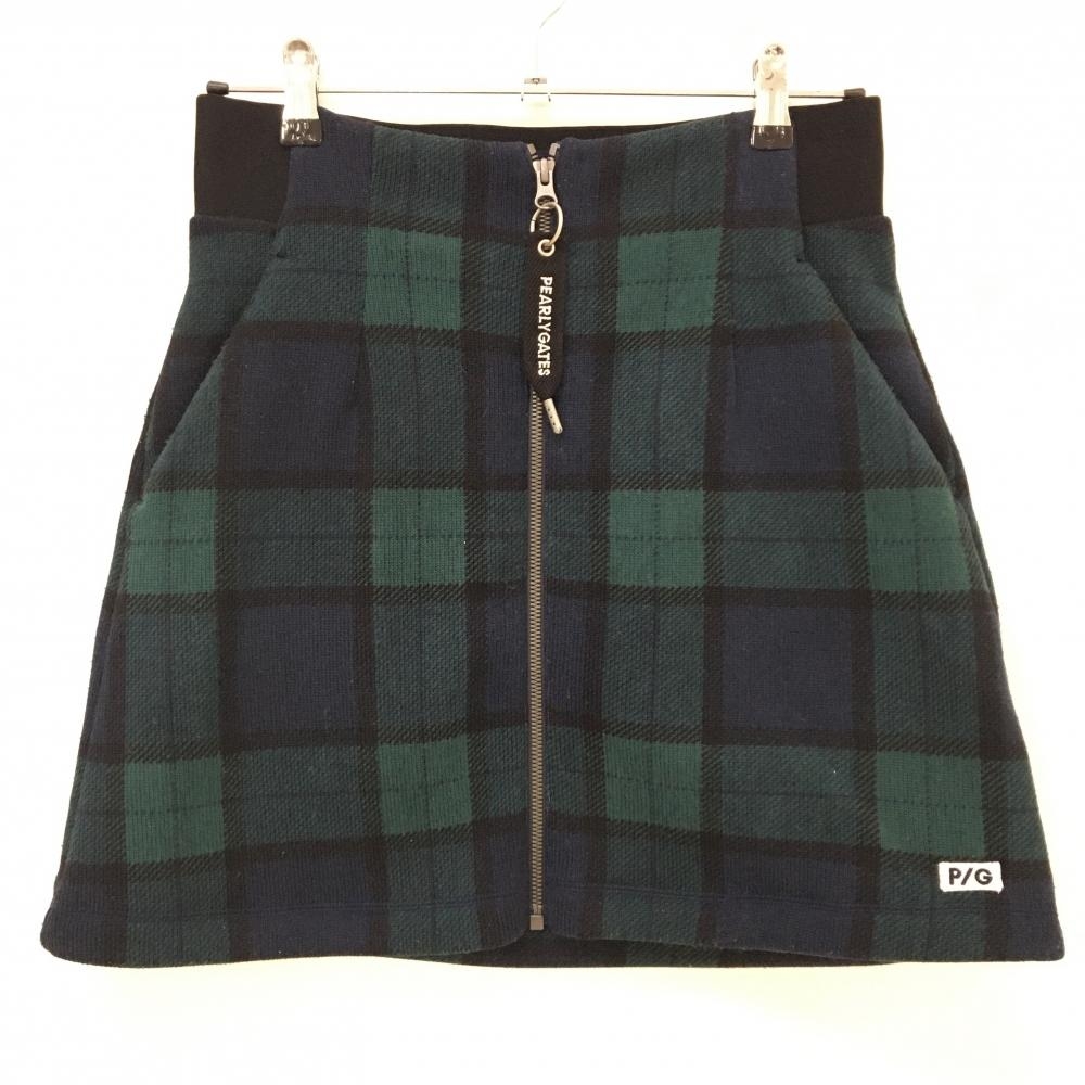 【美品】パーリーゲイツ ニットスカート グリーン×ネイビー チェック 裏起毛 レディース 1(M) ゴルフウェア PEARLY GATES