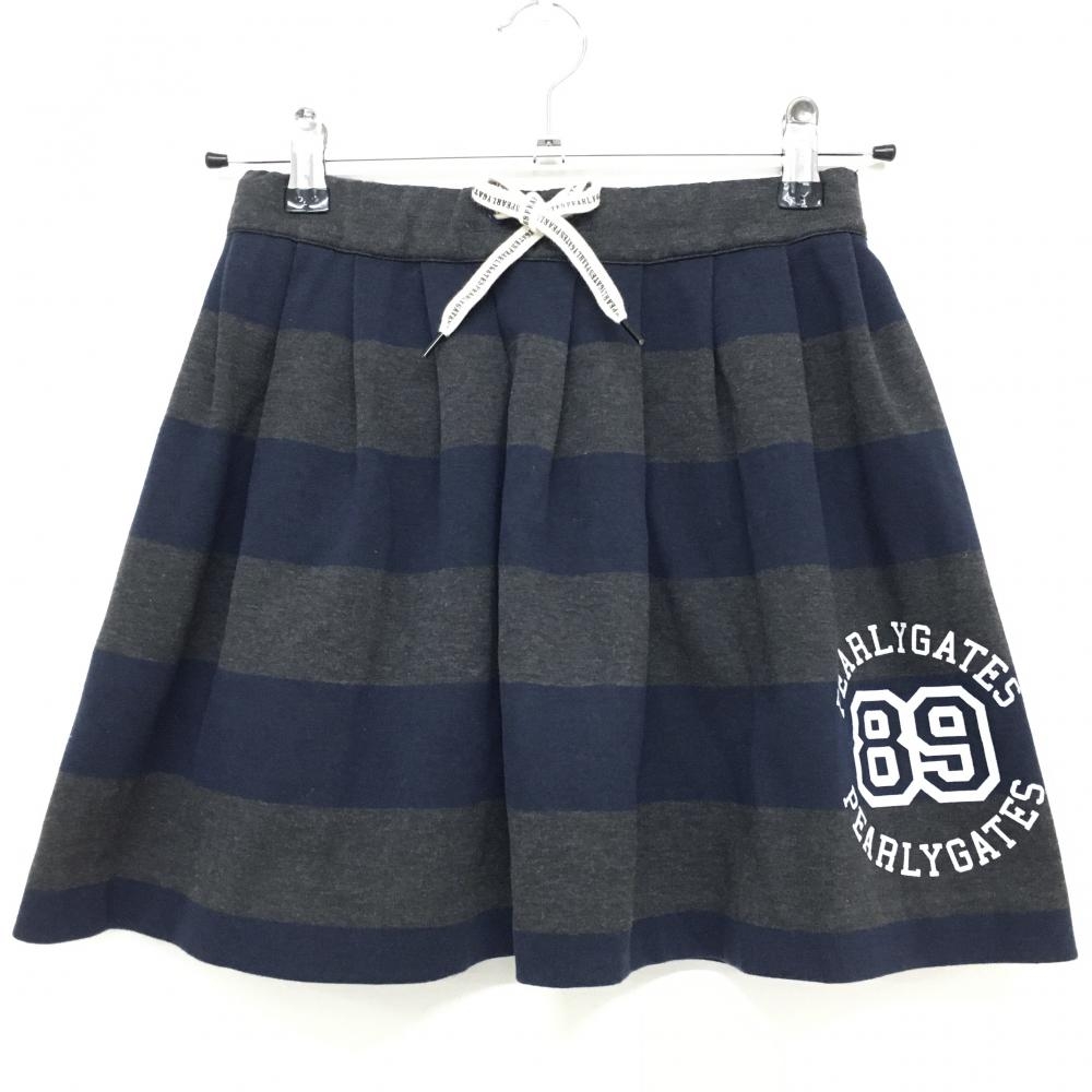【美品】パーリーゲイツ スカート 杢ダークグレー×ネイビー ボーダー ウエストゴム 調整紐  レディース 0(S) ゴルフウェア PEARLY GATES