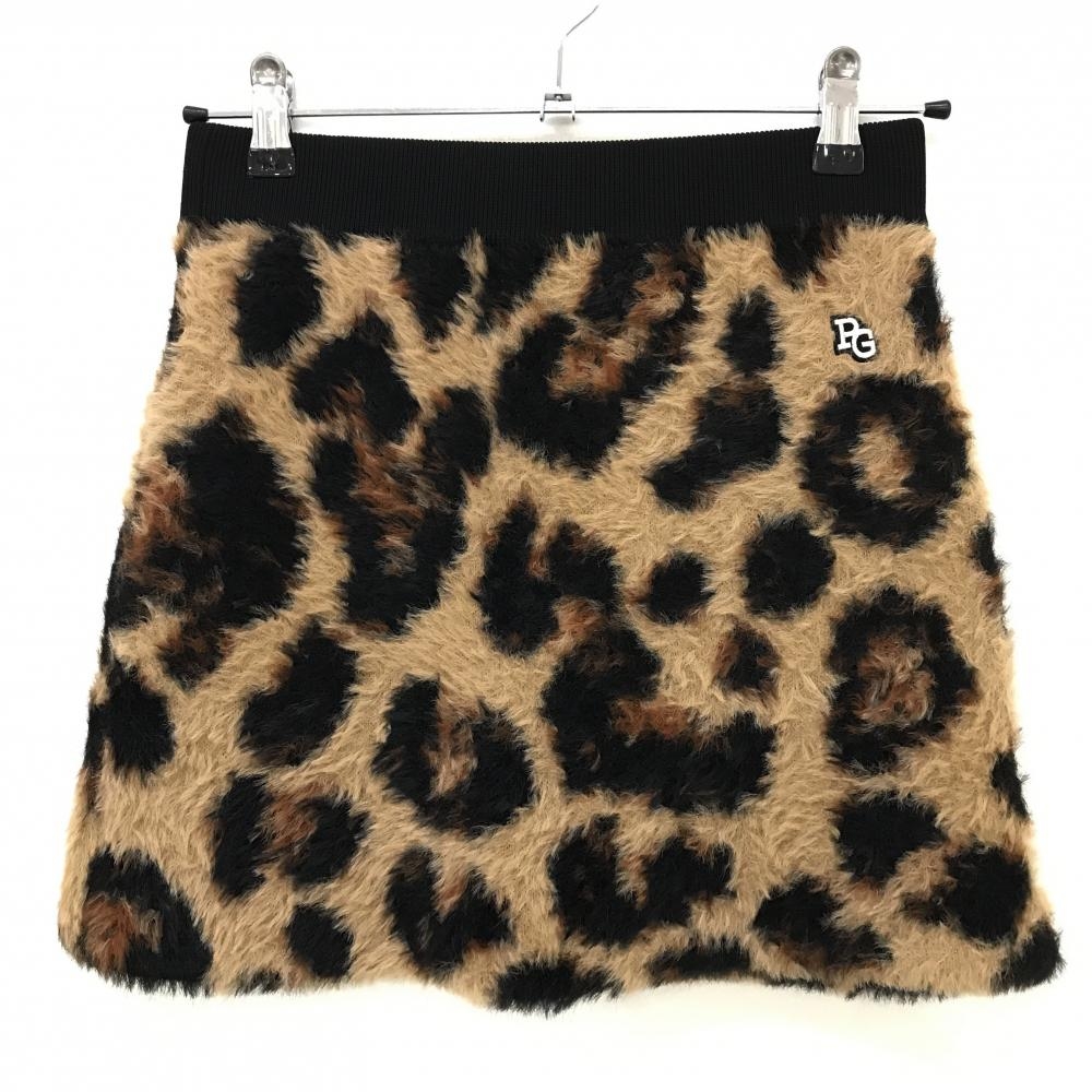 【超美品】パーリーゲイツ ニットスカート ベージュ×黒 レオパード ヒョウ柄 ウエストゴム レディース 0(S) ゴルフウェア PEARLY GATES