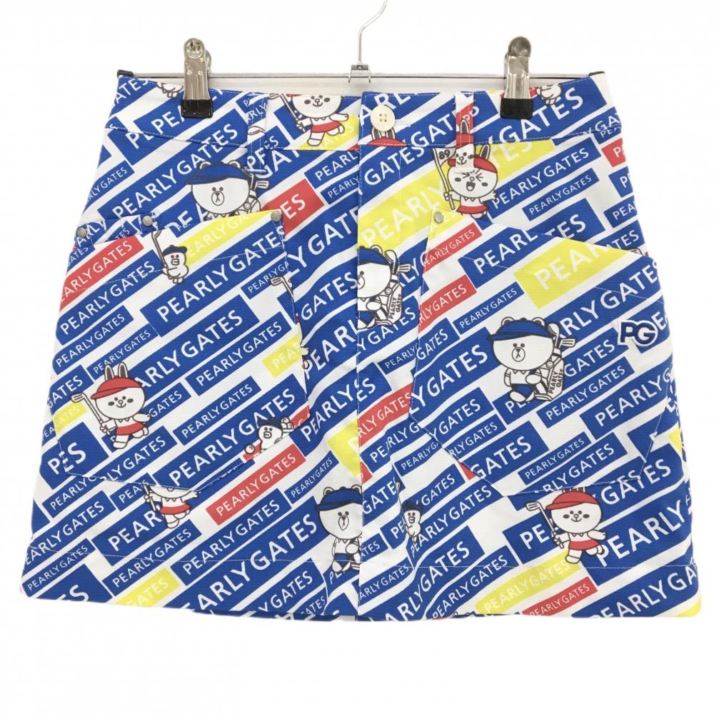 【超美品】パーリーゲイツ×LINEFRIENDS スカート 白×ブルー×レッド ロゴ総柄 レディース 0(S) ゴルフウェア PEARLY GATES