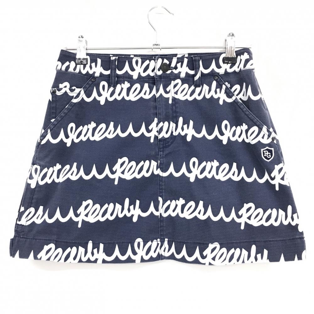 パーリーゲイツ スカート ネイビー×白 ロゴ総柄 ボーダー調 ストレッチ レディース S ゴルフウェア PEARLY GATES