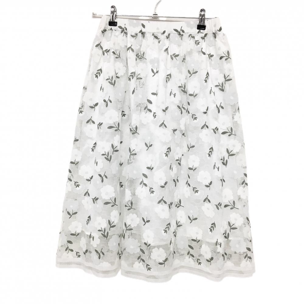 【超美品】パーリーゲイツ スカート 白×カーキ 花柄 レース地 裏地付 ミモレ丈 レディース 0(S) ゴルフウェア PEARLY GATES