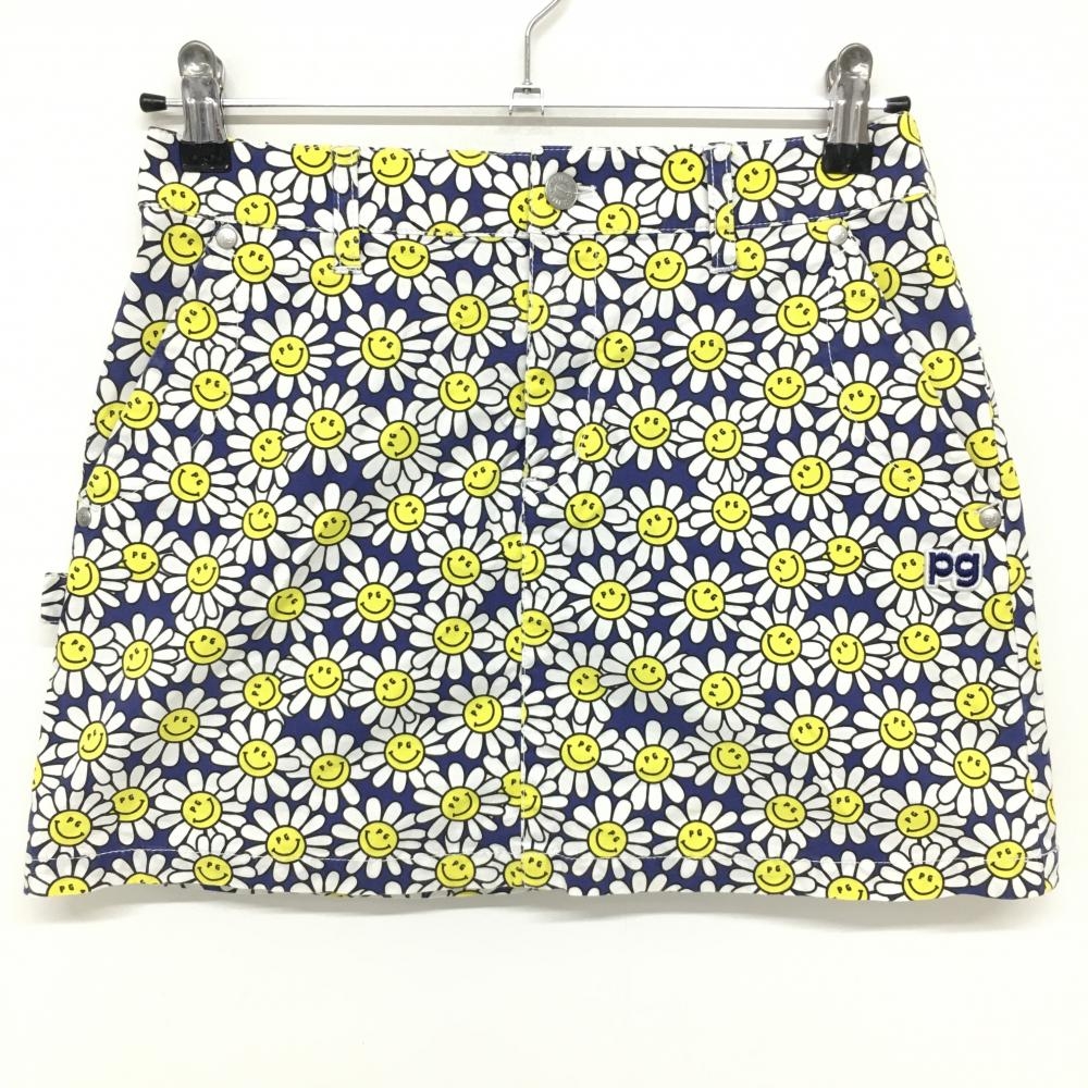 【美品】パーリーゲイツ スカート ネイビー×白×イエロー フラワーニコちゃん総柄 スマイル レディース 0(S) ゴルフウェア PEARLY GATES