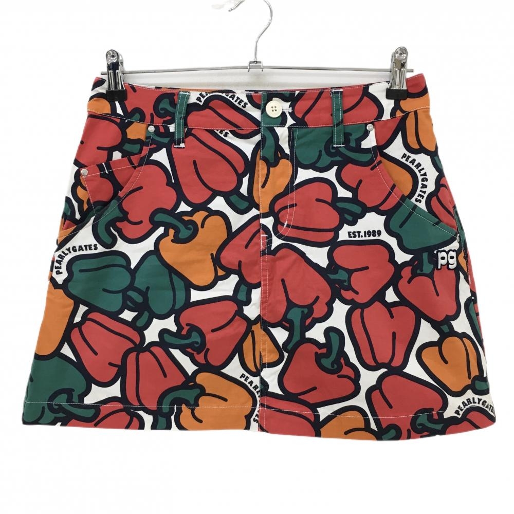 【美品】パーリーゲイツ スカート レッド×オレンジ×グリーン パプリカ総柄 レディース 1(M) ゴルフウェア PEARLY GATES