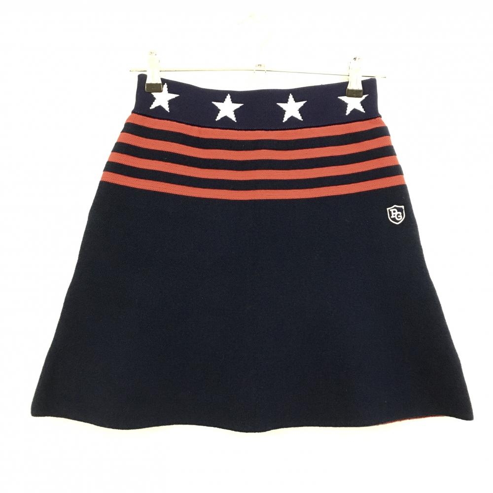 【美品】パーリーゲイツ ニットスカート ネイビー×レッド 上部ボーダー ウエスト星柄  レディース 1(M) ゴルフウェア PEARLY GATES