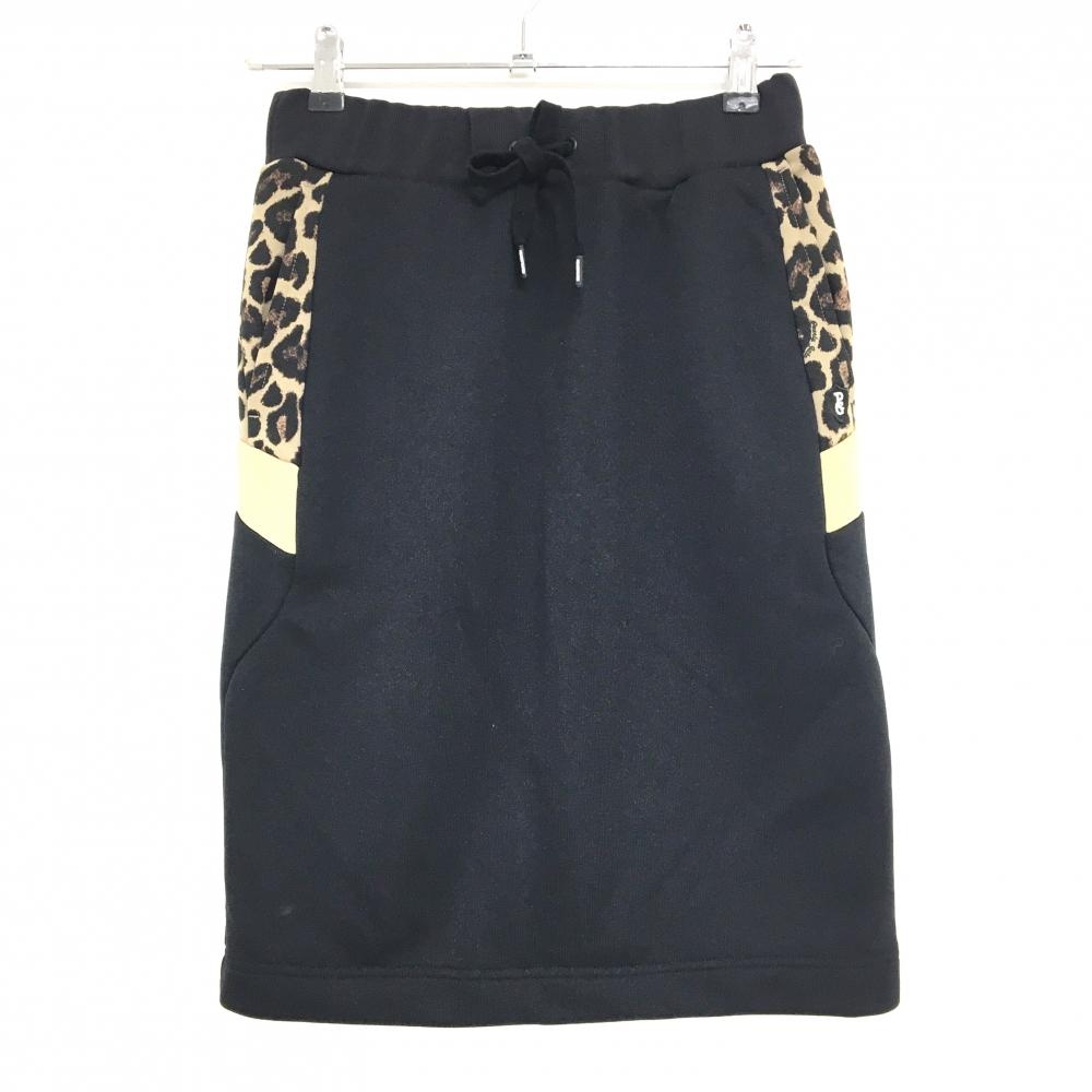 【超美品】パーリーゲイツ スカート 黒×ベージュ サイド一部レオパード柄 スウェット レディース 0(S) ゴルフウェア PEARLY GATES