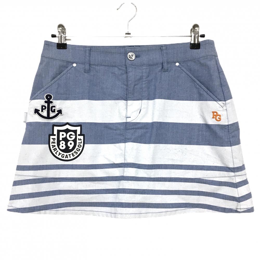 パーリーゲイツ スカート ライトブルー×白 下部ボーダー イカリマーク レディース 2(L) ゴルフウェア PEARLY GATES