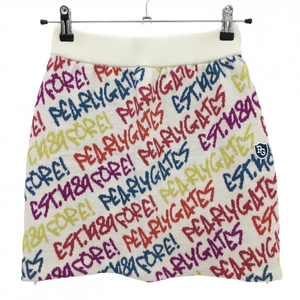 【新品】パーリーゲイツ ニットスカート 白×マルチカラー ロゴ総柄 レディース 0(S) ゴルフウェア PEARLY GATES