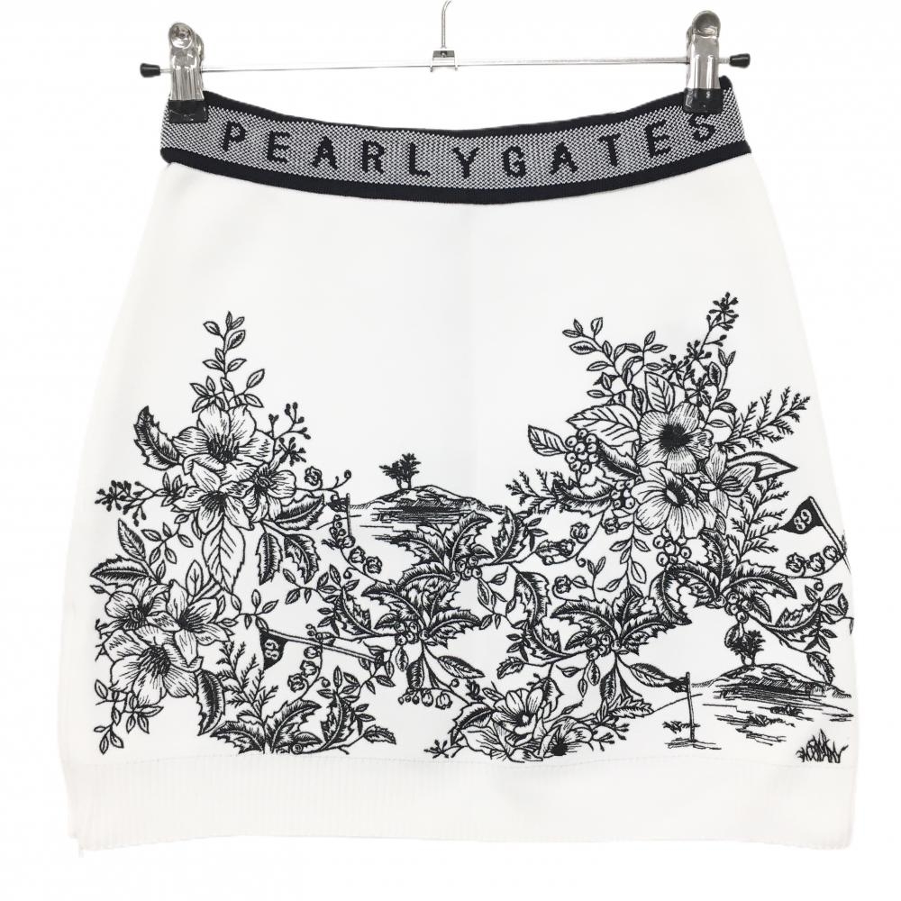 【新品】パーリーゲイツ ニットスカート 白×黒 花刺しゅう柄 レディース 0(S) ゴルフウェア PEARLY GATES