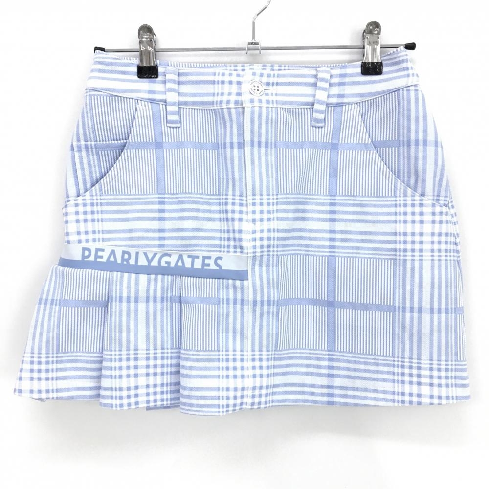 【超美品】パーリーゲイツ スカート ライトブルー×白 チェック 一部プリーツ レディース 0(S) ゴルフウェア 2025年モデル PEARLY GATES