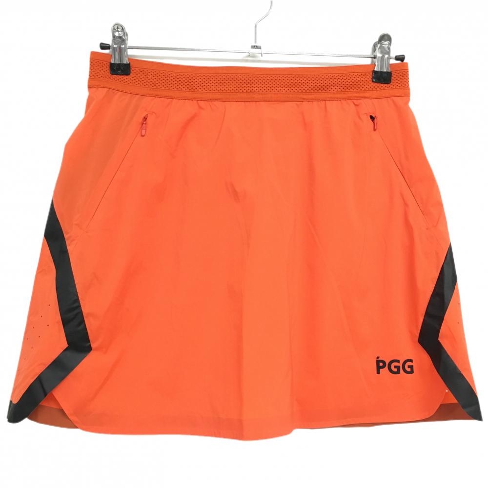 【新品】PGGパーリーゲイツ スカート オレンジ×黒 後ビッグプリント ウエストメッシュ調ゴム  レディース 0(S) ゴルフウェア PEARLY GATES