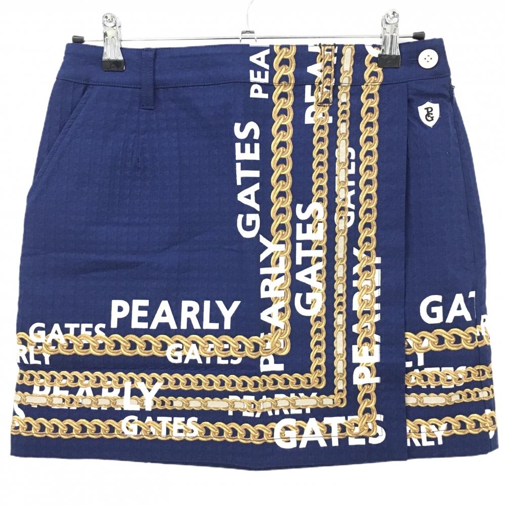 【新品】パーリーゲイツ スカート ネイビー×ブラウン チェーン 千鳥格子織生地  レディース 1(M) ゴルフウェア PEARLY GATES