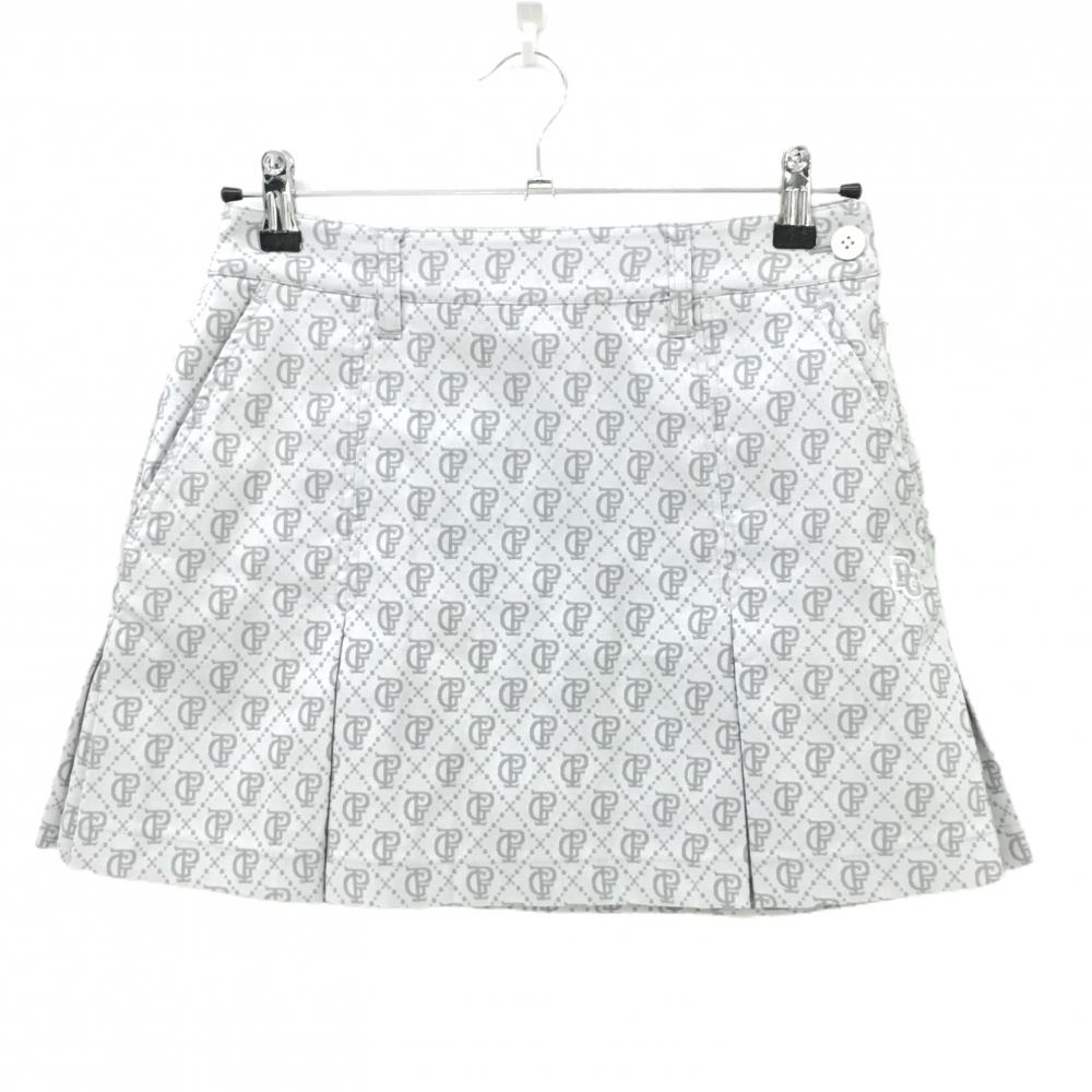 【超美品】パーリーゲイツ スカート 白×グレー ロゴ総柄 ボックスプリーツ レディース S ゴルフウェア 2024年モデル PEARLY GATES