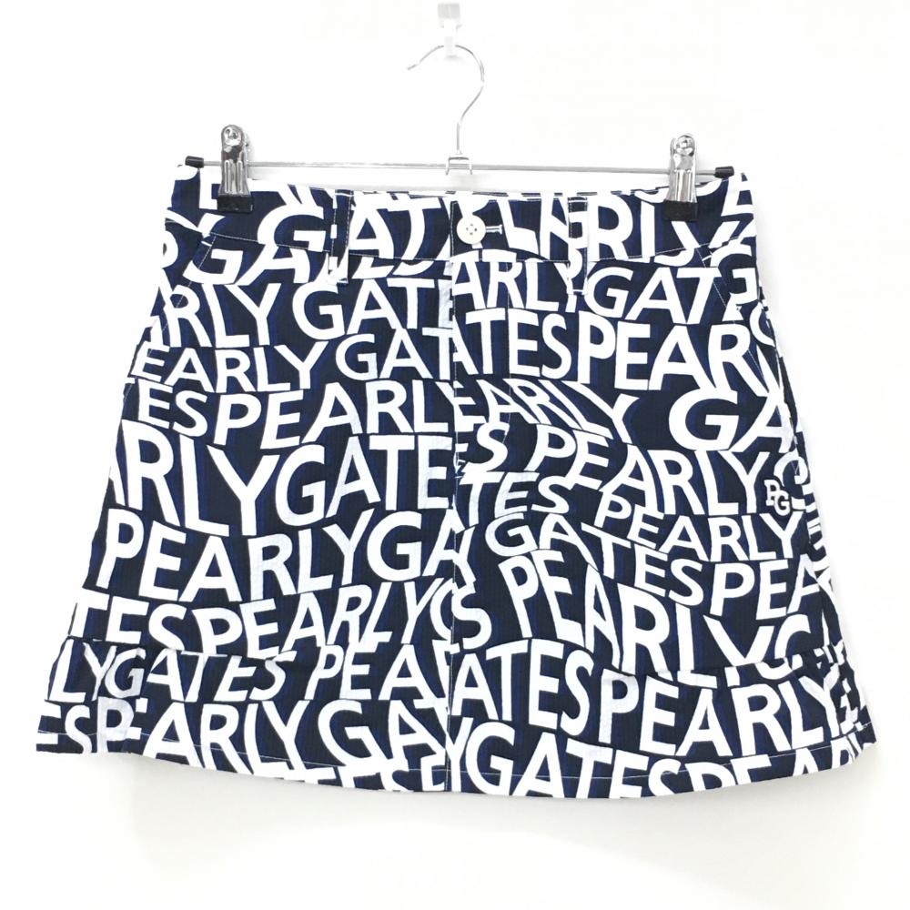 【超美品】パーリーゲイツ スカート ブルー×ネイビー×白 ロゴ総柄 サッカー生地 レディース 1(M) ゴルフウェア PEARLY GATES