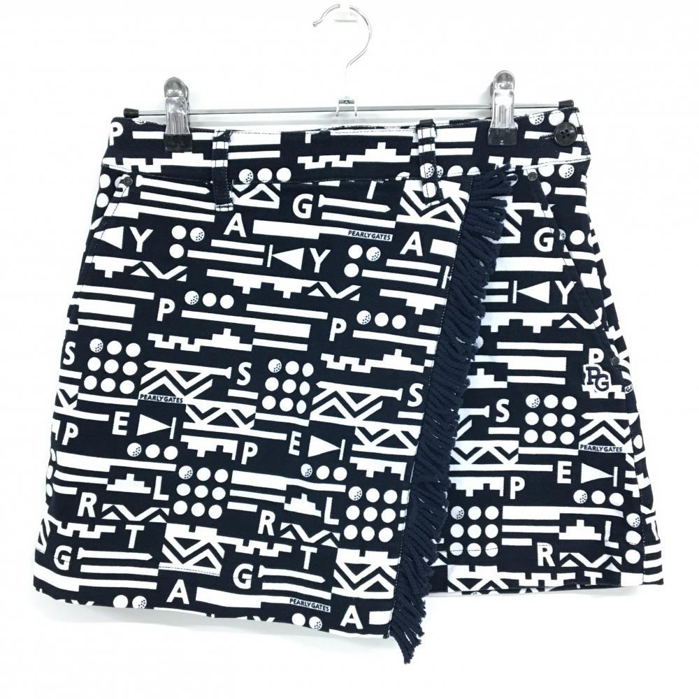 【新品】パーリーゲイツ スカート ダークネイビー×白 総柄 フリンジ ストレッチ レディース 0(S) ゴルフウェア PEARLY GATES